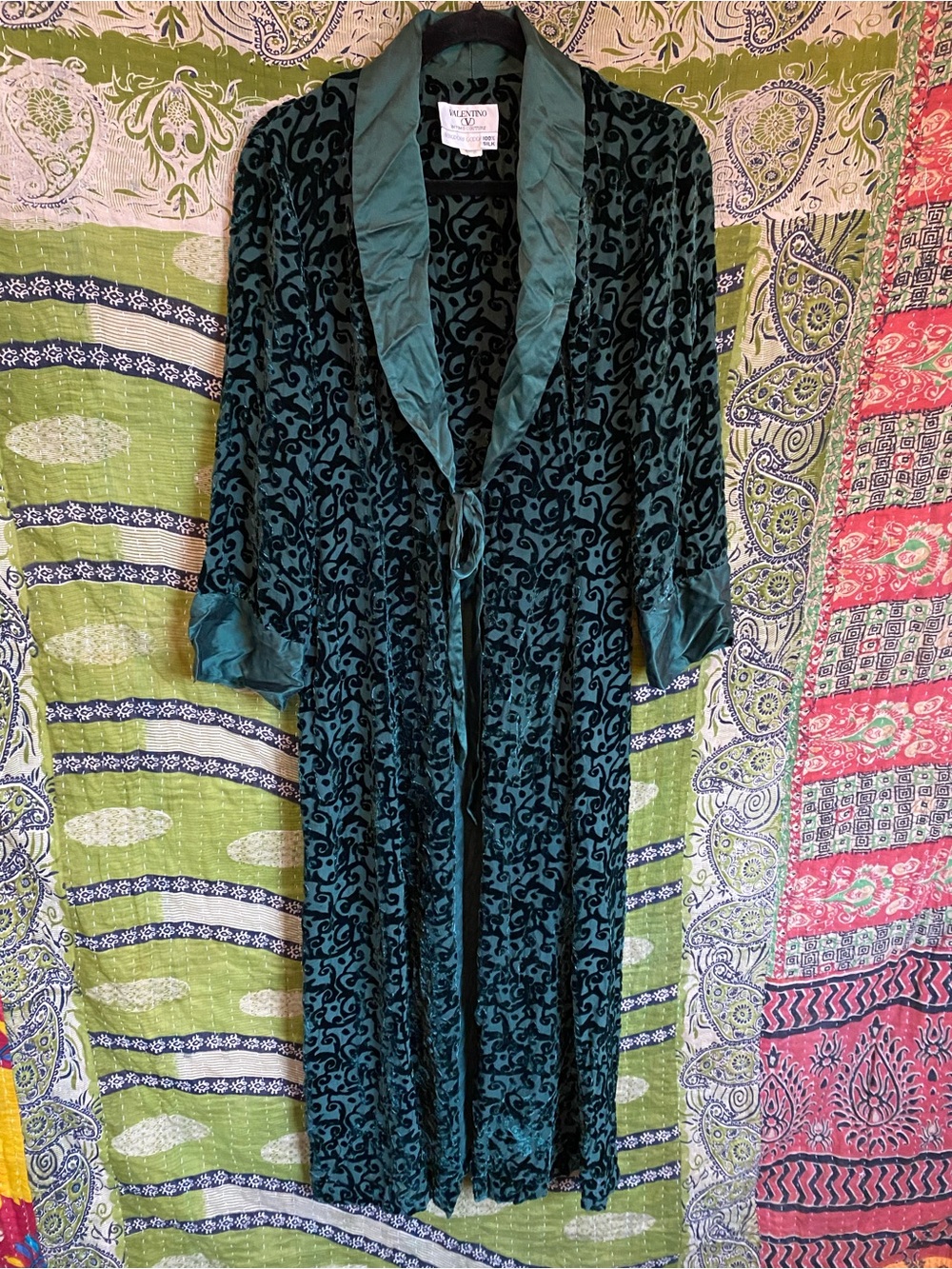 RARE Vintage 80's/ 90's Valentino Emerald Silk Burnout Velvet Robe Medium
